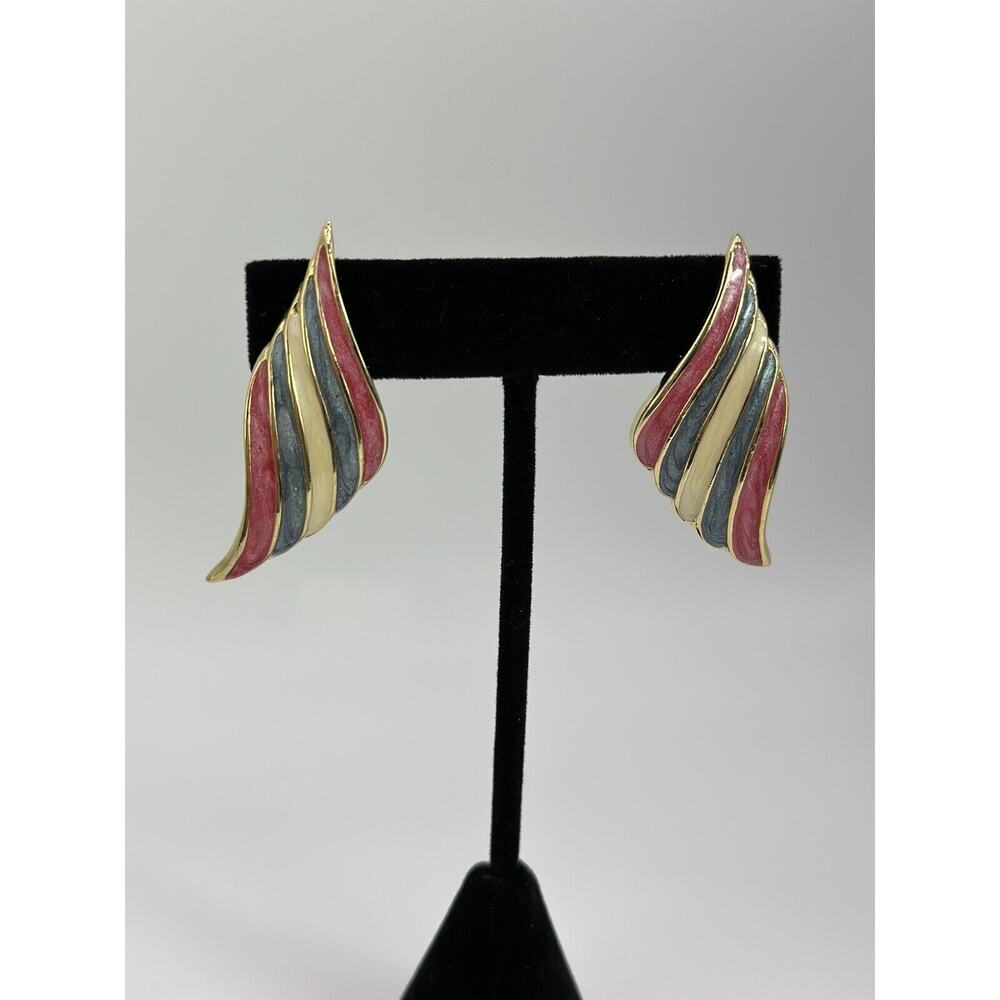 VTG Pink/Red Blue White Enamel Earrings Gold Tone Statement Chunky 80s 90s Retro